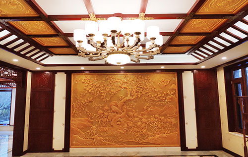北辰中式别墅客厅中式木作横梁吊顶装饰展示