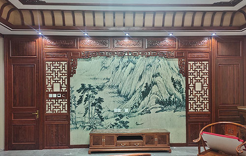 北辰中式仿古别墅客厅背景墙花格木作装饰